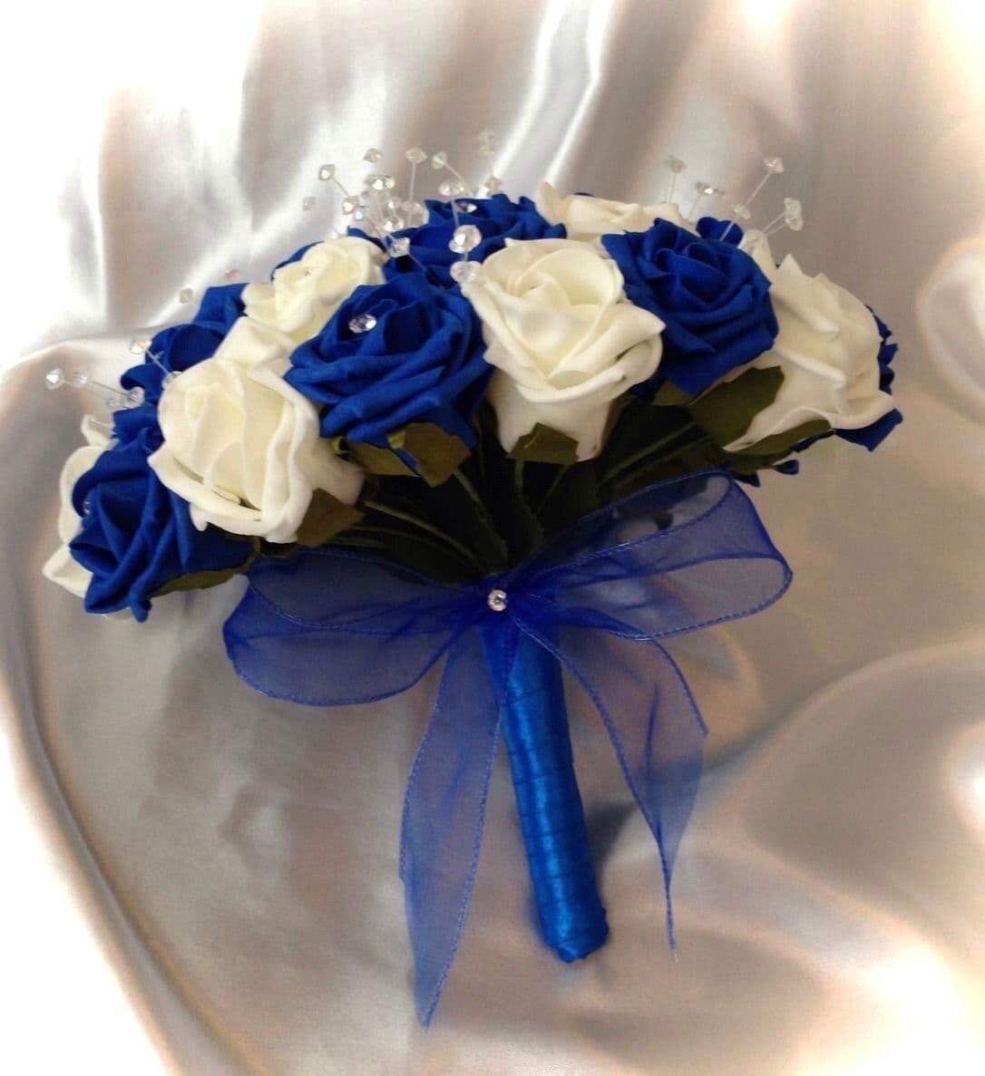 Royal Blue Ivory Rose Wedding Bouquet: Diamante Bridal Flowers - Etsy