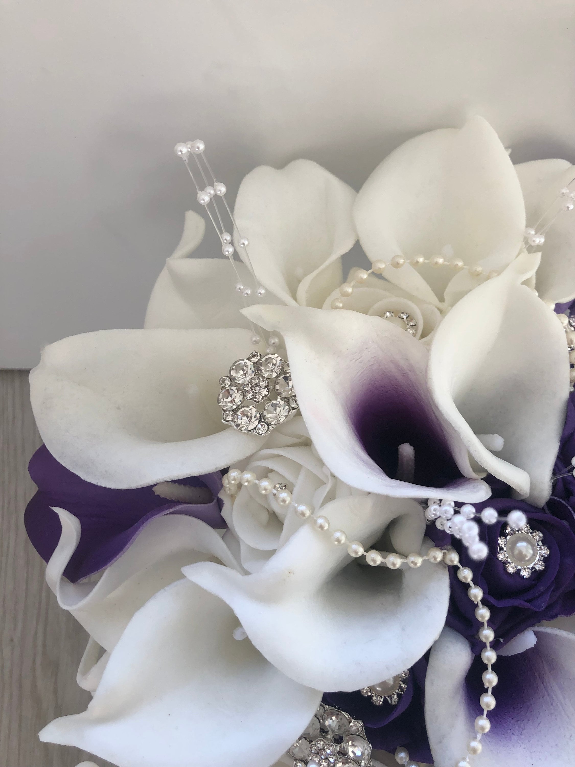 Purple and White Artificial Calla Lily Teardrop Bouquet Real Touch