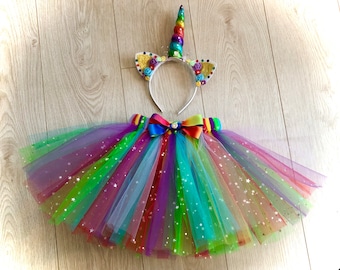 Rainbow unicorn tutu costume skirt headpiece sparkly multi-coloured tulle dance costume fancy dress dressing up party outfit unicorn LGBTQ+