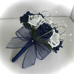 Artificial Wedding flowers Navy Blue silver grey rose beargrass bouquet bride bridesmaid flowers flower girl posy wrist corsage button hole