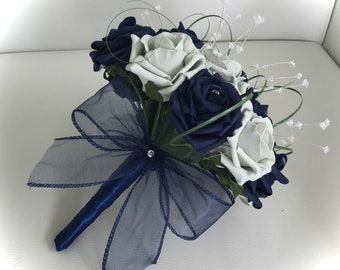 Artificial Wedding flowers Navy Blue silver grey rose beargrass bouquet bride bridesmaid flowers flower girl posy wrist corsage button hole