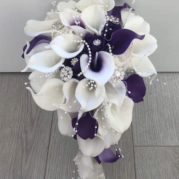 Purple and white artificial calla lily teardrop bouquet real touch calla lilies foam roses pearls diamante brooches wedding flowers package