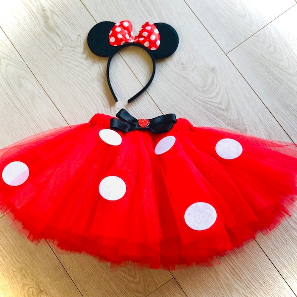 Mini mouse tutu tulle skirt headband ears fancy dress black white red spotted character costume Christmas outfit photo shoot dressing up