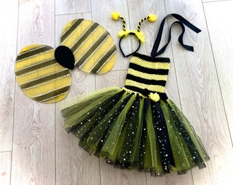 Bumble Bee Tüll Tutu Kleid Abendkleid Flügel Stirnband schwarz gelb gestreift Kleid Tierkostüm Party Outfit Welttag des Buches Fotoshooting