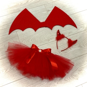 Red Devil Tutu Kostüm rote Flügel Stirnband roter Tüll Tutu Rock Halloween Kostüm Party Outfit Weltbuchtag Fotoshooting Tanzkostüm