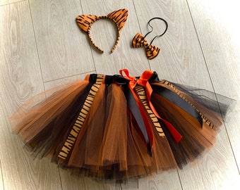 Tigre tutu tulle jupe bandeau oreilles queue noeud déguisement noir orange danse costume animal habillage Anniversaire déguisement fête tigre