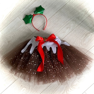 Christmas pudding Tutu sparkly brown Tulle Skirt and holly berries headband Christmas Party Christmas Day Present Nativity Play Fancy dress