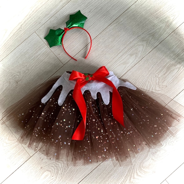 Weihnachtspudding Tütü funkelnder brauner Tüllrock und Stechpalmenbeeren Stirnband Weihnachtsfeier Weihnachtstag Geschenk Krippenspiel Kostüm