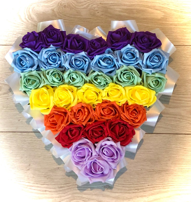 Rainbow Roses Heart Wreath Artificial Flowers Funeral Memorial Gift