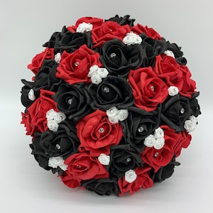 Artificial Wedding flowers Red black and White rose bouquets bride bridesmaid flowers flower girl posy wrist corsage button holes diamante