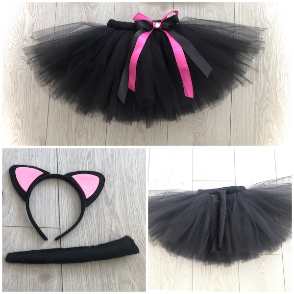 Black cat tutu tulle skirt headband ears tail bow fancy dress black pink dance costume  Christmas outfit photo shoot dressing up Birthday