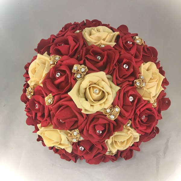 Brides artificial Wedding flowers Ruby dark red Gold foam roses bouquet posy Asian Wedding other colours matching items brides posy diamante