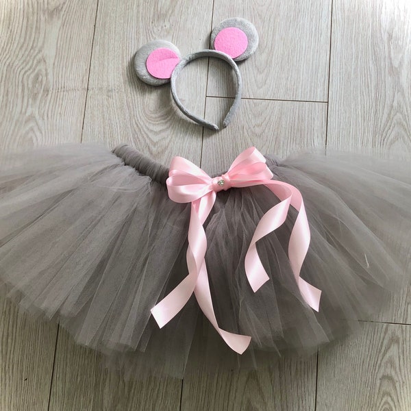 Grey mouse tutu tulle skirt headband ears fancy dress mouse animal dance costume world book day Halloween outfit photo shoot dressing up