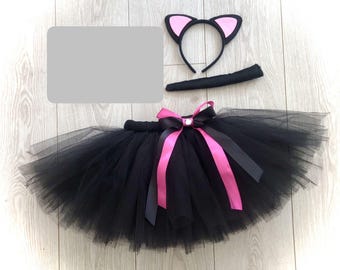 Girls Black Cat Halloween Costume Set - Pink Tutu With Ears, Tail & Bow Collar For Dress Up Parties