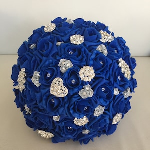 Blue wedding flowers Artificial bride bouquet royal blue silver foam rose brooch diamanté  wedding sparkly Foam rose matching items beach