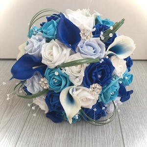Bride blue and ivory artificial calla lily bouquet  real touch calla lilies foam roses crystals diamante brooches wedding flowers royal blue