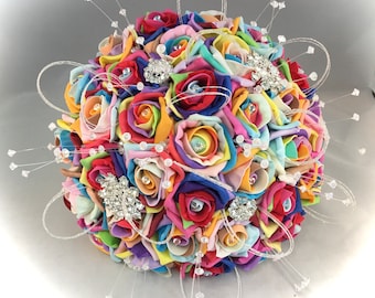 Rainbow roses bride bouquet artificial wedding flowers bridesmaid bouquet foam rose brooch diamanté wedding sparkly LGBTQS crystals bling