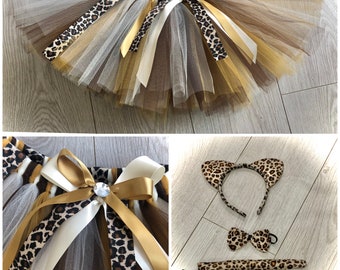 Leopard tutu tulle skirt headband ears tail bow fancy dress brown gold dance costume animal dressing up Birthday fancy dress party tiger