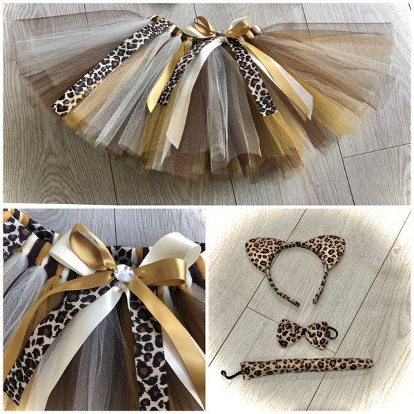 Leopard tutu tulle skirt headband ears tail bow fancy dress brown gold dance costume animal dressing up Birthday fancy dress party tiger