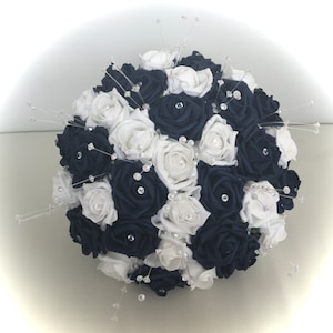 Artificial Wedding flowers Navy Blue and White rose bouquets bride bridesmaid flowers flower girl posy wrist corsage button holes diamante