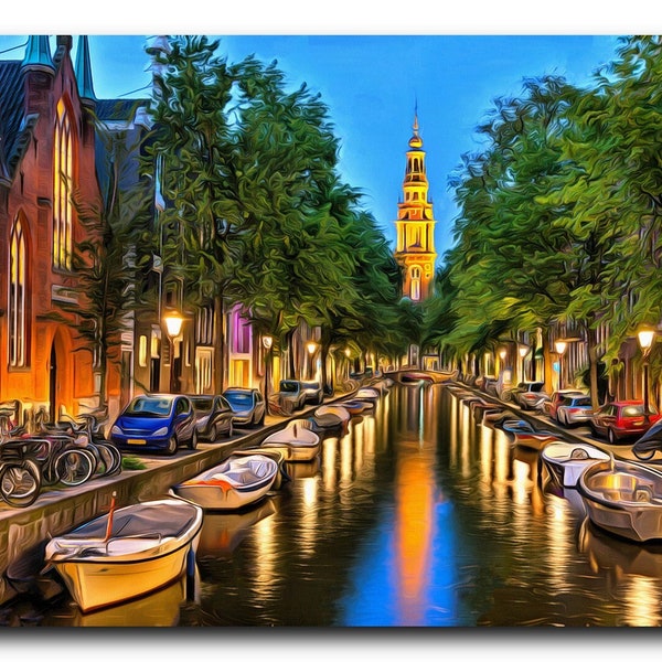 Amsterdam Canal Canvas Print.  Digital Paint Brush Art. Frame Ready For Dorm, Office, Living Room. Amsterdam Poster Wall Art Landscape