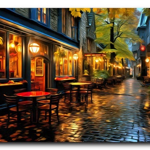 May include: A cobblestone street lined with buildings and outdoor seating at a cafe. The street is wet from rain and the cafe lights are on. The scene is painted in a stylized, almost impressionistic style.