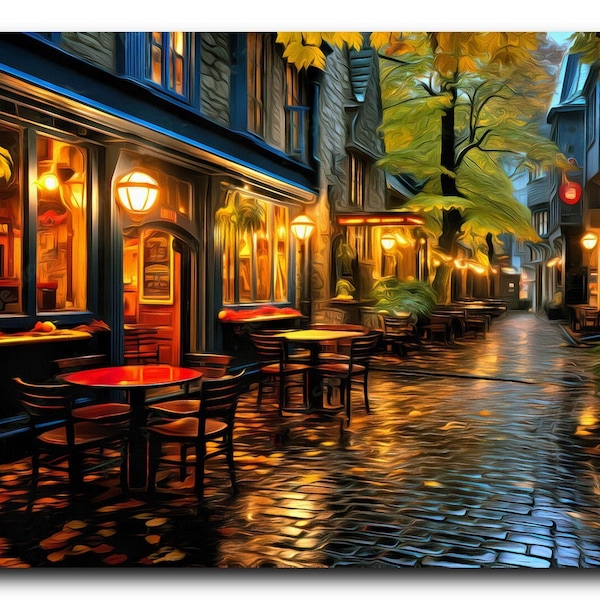 European Cafe Canvas Print.  Digital Paint Brush Art. Frame Ready For Dorm, Office, Living Room. Poster Wall Art Landscape