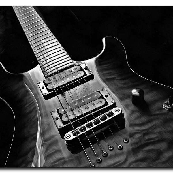 Electric Guitar Canvas Print. Digital Paint Brush Art On Cotton Canvas. Frame Ready For Dorm, Office, Living Room. Landscape Black And White