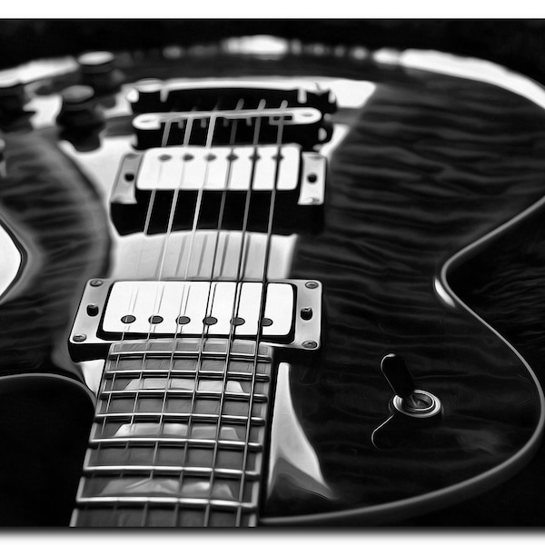 Electric Guitar Canvas Art Print. Digital Paint Brush Art On Canvas. Frame Ready For Dorm, Office, Living Room. Landscape Black And White