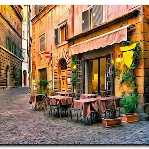 Italian Street Cafe Art Print. Cotton Canvas Digital Paint Brush Art. Frame Ready For Dorm, Office, Living Room.