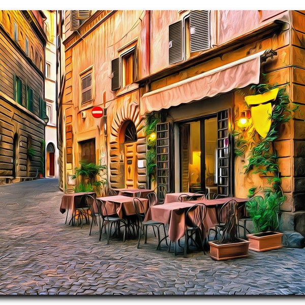 Italian Street Cafe Art Print. Cotton Canvas Digital Paint Brush Art. Frame Ready For Dorm, Office, Living Room.