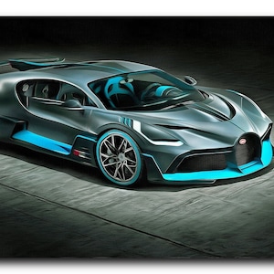 May include: A sleek, silver-grey sports car with blue accents. The car has a low profile and a long, pointed hood. The car is parked on a grey concrete surface.