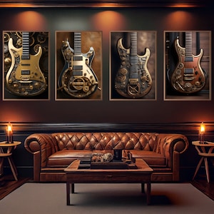 Electric Guitar Wall Art | Canvas Print | AI | Retro | Industrial | 4 Prints Ready For Standard Framing | Great For Office, Dorm, Home Decor