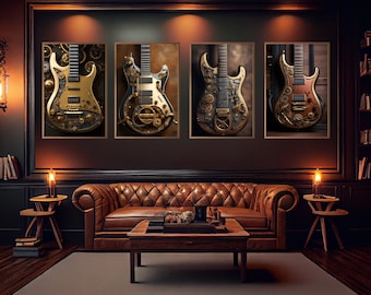 Electric Guitar Wall Art | Canvas Print | AI | Retro | Industrial | 4 Prints Ready For Standard Framing | Great For Office, Dorm, Home Decor