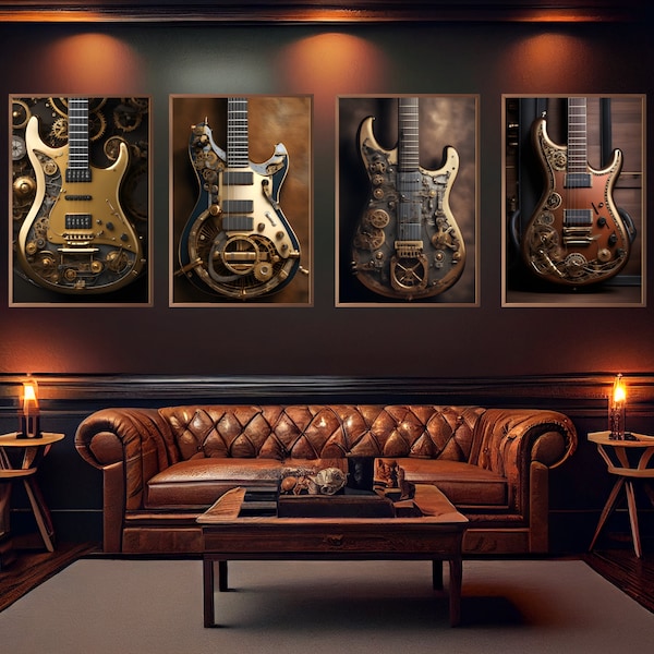 Electric Guitar Wall Art | Canvas Print | AI | Retro | Industrial | 4 Prints Ready For Standard Framing | Great For Office, Dorm, Home Decor