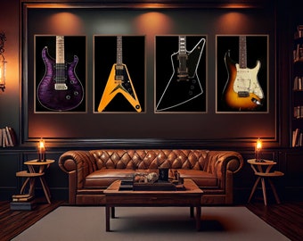 Electric Guitar Wall Art | Canvas Portrait Prints | Rock N Roll | 4 Prints Ready For Standard Framing | Great For Office, Dorm, Home Decor