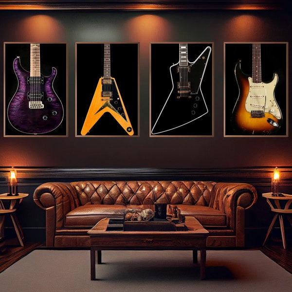 Electric Guitar Wall Art | Canvas Portrait Prints | Rock N Roll | 4 Prints Ready For Standard Framing | Great For Office, Dorm, Home Decor