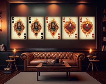 Flame Series Full House Playing Card Canvas Art | Poker Room Decor