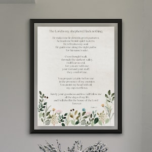 Psalms Wall Art | Psalm 23 Printable Wall Art | Watercolor Flowers Art Print | Bible Verse Wall Art | Black & White Scripture Wall Print