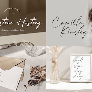 May include: A collage of images showcasing the "Moonstone History" font. The font is used in various examples, including names, a quote, and a wedding invitation. The images feature a light brown background with natural elements like dried flowers and ferns.