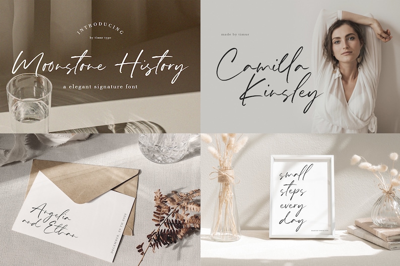 May include: A collage of images showcasing the "Moonstone History" font. The font is used in various examples, including names, a quote, and a wedding invitation. The images feature a light brown background with natural elements like dried flowers and ferns.