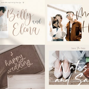 May include: Four wedding save the date cards with calligraphy text. The first card features a couple in a photo booth with the text "Billy and Elena". The second card features a couple holding a photo with the text "Martin and Hellen" and the date "24.12.2022" and location "St. James Parks". The third card features a wooden sign with the text "happy wedding" and the text "MAREY AND PETER". The fourth card features a couple's feet with the text "Natasha and Samuel" and the text "Save The Date".