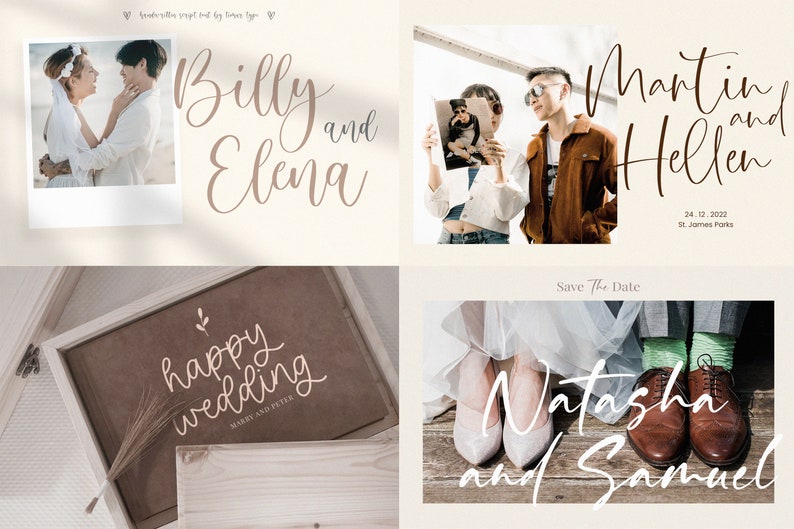 May include: Four wedding save the date cards with calligraphy text. The first card features a couple in a photo booth with the text "Billy and Elena". The second card features a couple holding a photo with the text "Martin and Hellen" and the date "24.12.2022" and location "St. James Parks". The third card features a wooden sign with the text "happy wedding" and the text "MAREY AND PETER". The fourth card features a couple's feet with the text "Natasha and Samuel" and the text "Save The Date".