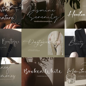 May include: A collage of nine images showcasing different handwritten script fonts. Each image features a unique font style with a descriptive name, such as "Brighton Signature" and "Moonstone History". The fonts are displayed on various backgrounds, including a brown leather surface, a white fabric, and a black surface.