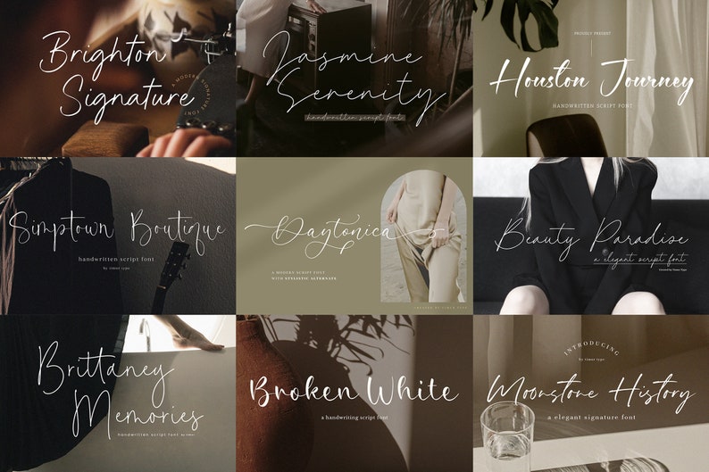 May include: A collage of nine images showcasing different handwritten script fonts. Each image features a unique font style with a descriptive name, such as "Brighton Signature" and "Moonstone History". The fonts are displayed on various backgrounds, including a brown leather surface, a white fabric, and a black surface.