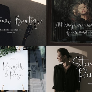 May include: A collage of four images featuring handwritten script fonts. The first image shows the text "Samptown Boutique" with a guitar in the background. The second image shows the text "All things are ready, if our mind be so." The third image shows the text "Kenneth & Rose" on a white sign. The fourth image shows the text "Stefanie Renata" with the word "PHOTOGRAPH" below.