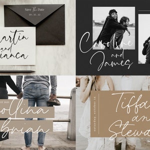 May include: Four wedding invitations with different names and dates. The invitations are all in a minimalist style with white text on a black or brown background.