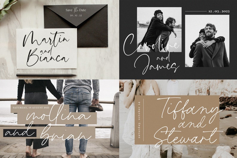 May include: Four wedding invitations with different names and dates. The invitations are all in a minimalist style with white text on a black or brown background.