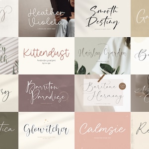 May include: A collage of 16 different handwritten script fonts, each displayed on a unique background. The fonts are presented in a grid format, with each font name displayed below the script.