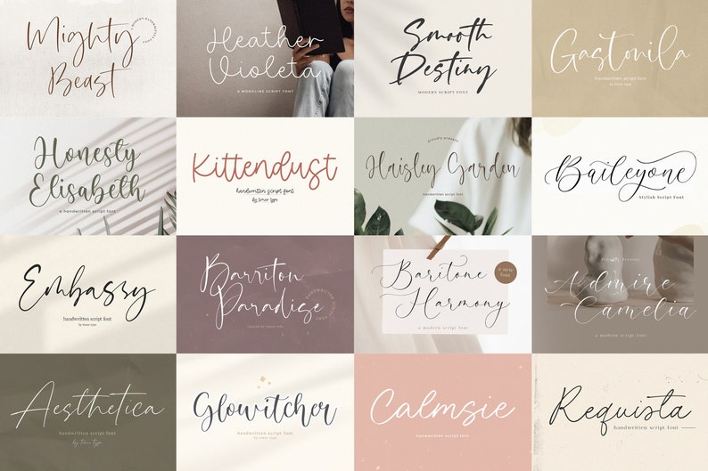 May include: A collage of 16 different handwritten script fonts, each displayed on a unique background. The fonts are presented in a grid format, with each font name displayed below the script.
